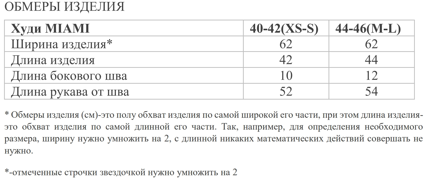 Размерная таблица