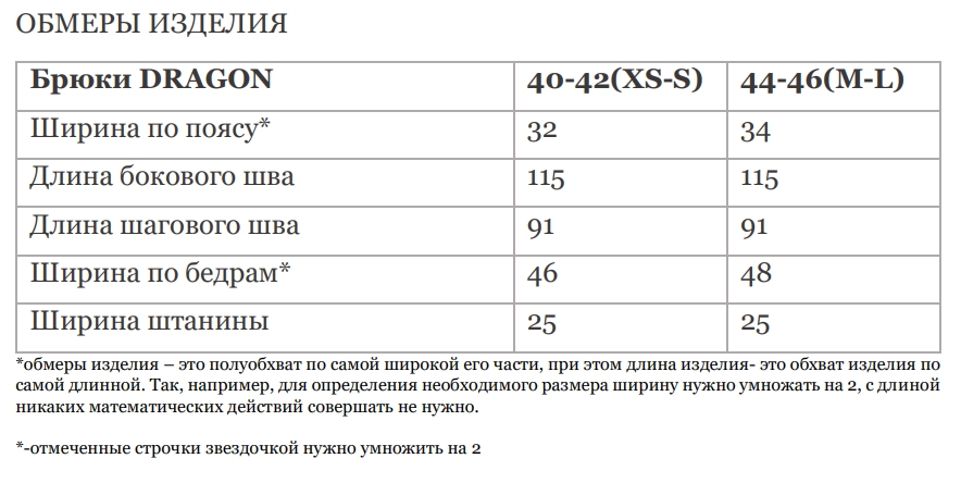 Размерная таблица